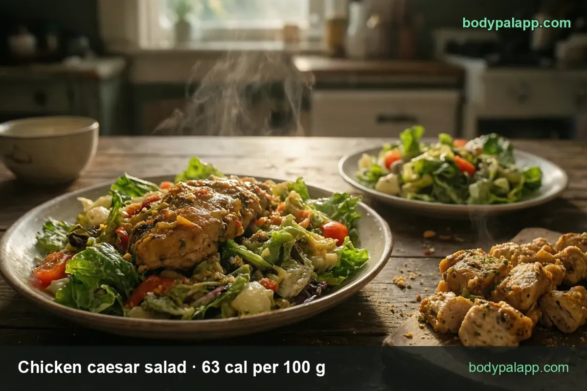 Plate of chicken caesar salad with roasted chicken, tomatoes and dressing; chips show 1 salad (286 g) and 1 cup (90 g).