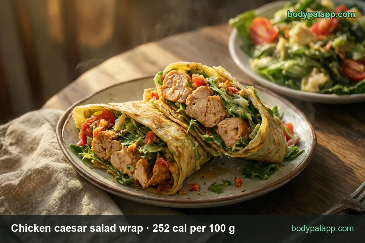 Two chicken caesar salad wrap halves on a plate with a tomato salad behind, labeled 1 wrap 161 g 406 cal and half wrap 80.5 g 203 cal