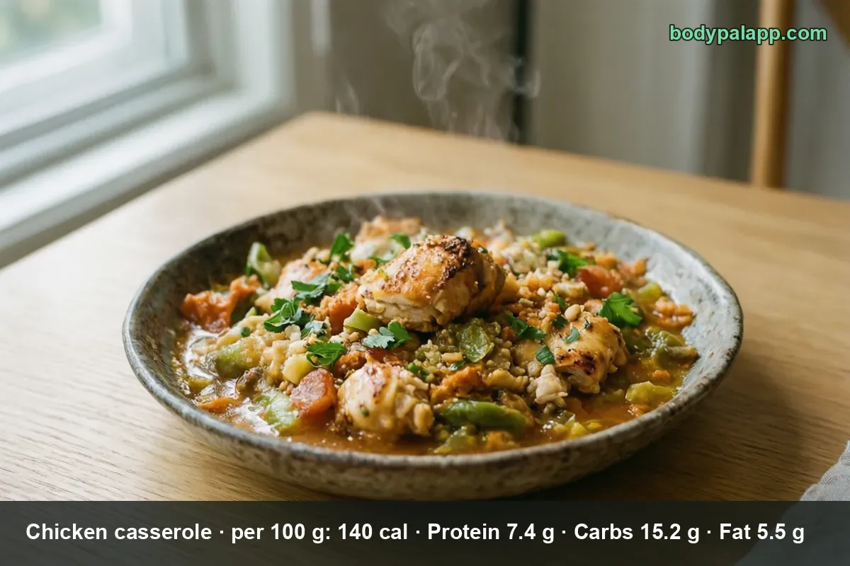 Chicken pieces in tomato and vegetable sauce with green peppers, grains and parsley on a plate