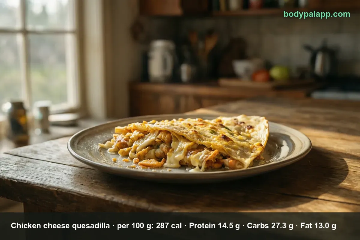 One folded chicken cheese quesadilla on a plate with melted cheese and pieces of chicken spilling from the open edge.