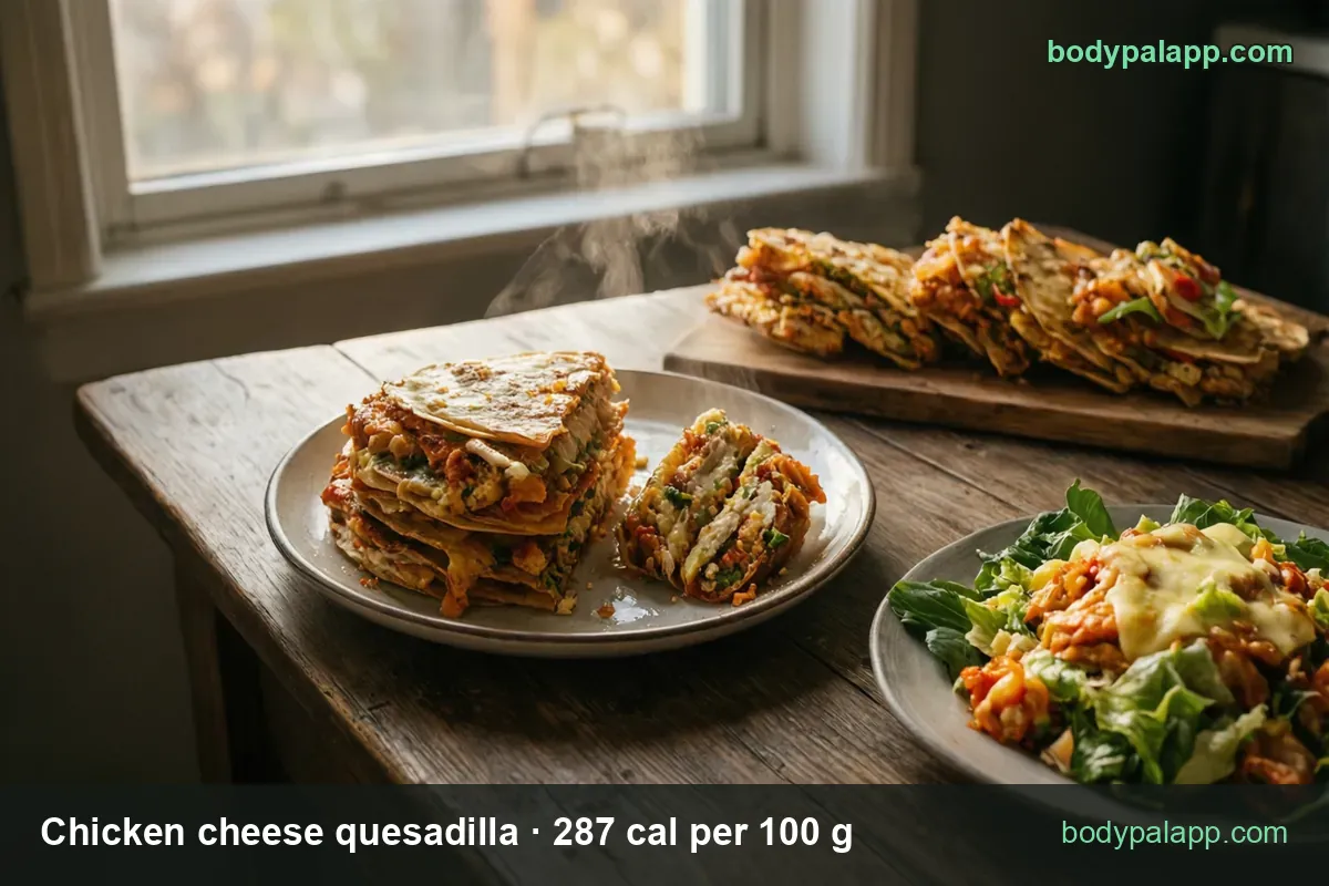 Plate of stacked chicken cheese quesadilla wedges with a board of wedges and a side salad; 1 full circle 140 g and 1 wedge 35 g.