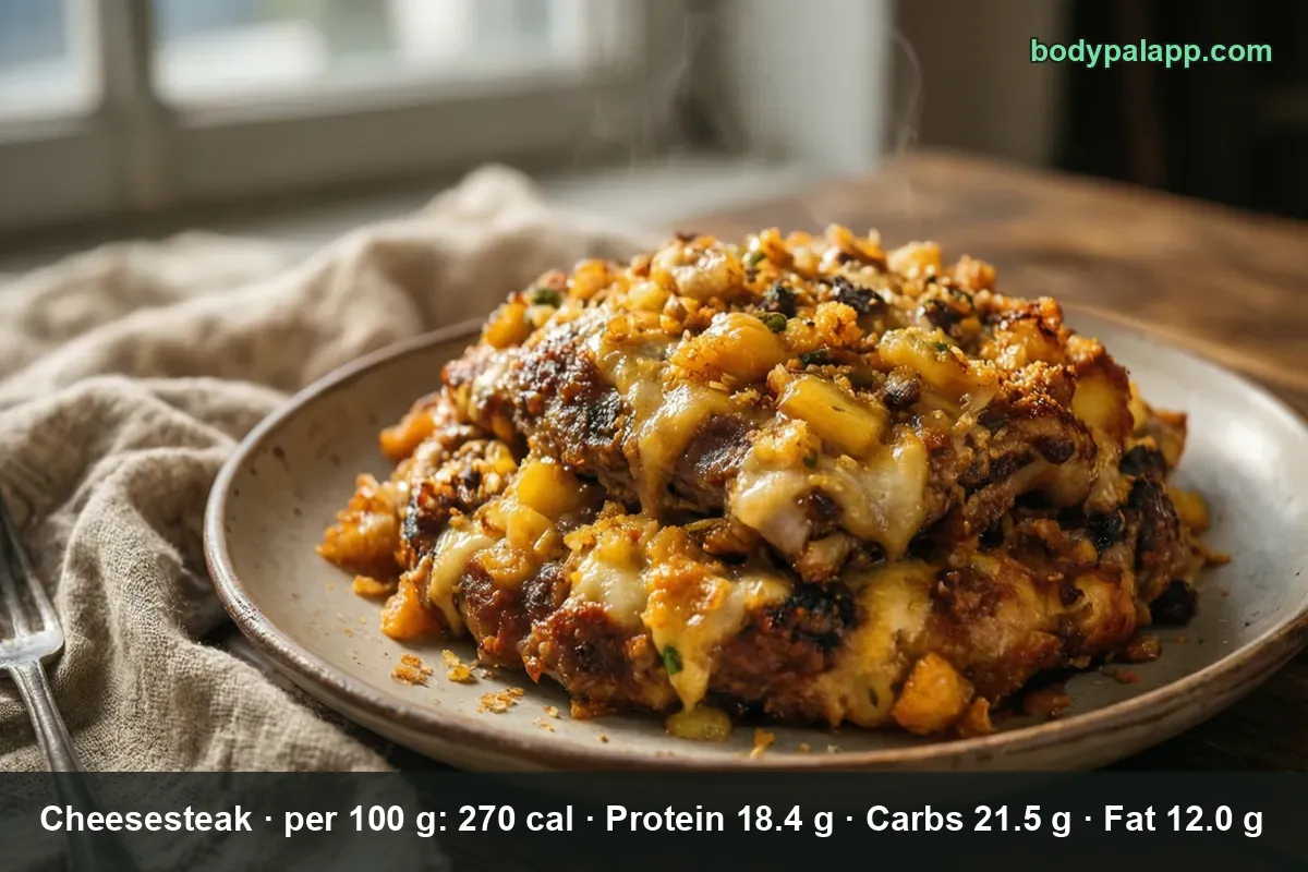 Pile of chopped brown cheesesteak meat with melted cheese and crumbs on a plate