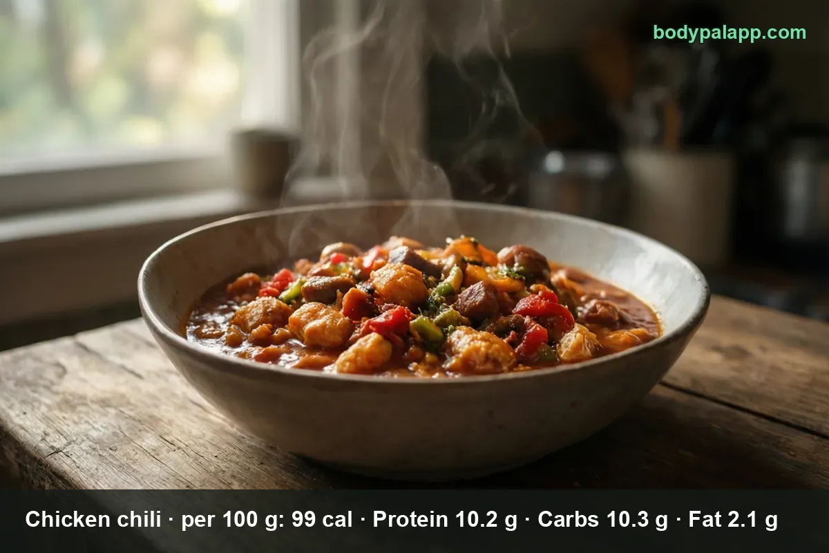 Deep bowl of red chicken chili with cubed chicken, red and green peppers and dark beans