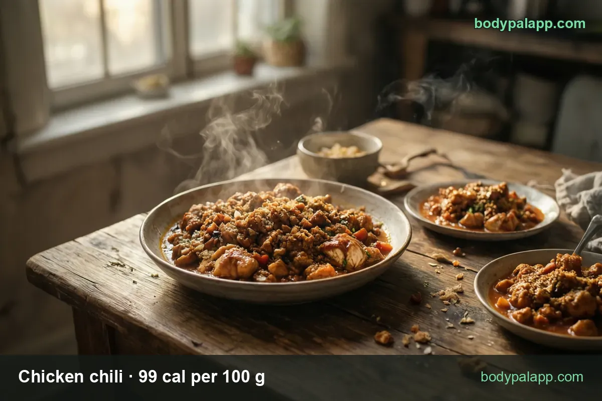 Bowl of chicken chili with two smaller bowls and rice behind, at 1 cup (255 g) 252 cal and 1/2 cup (128 g) 127 cal