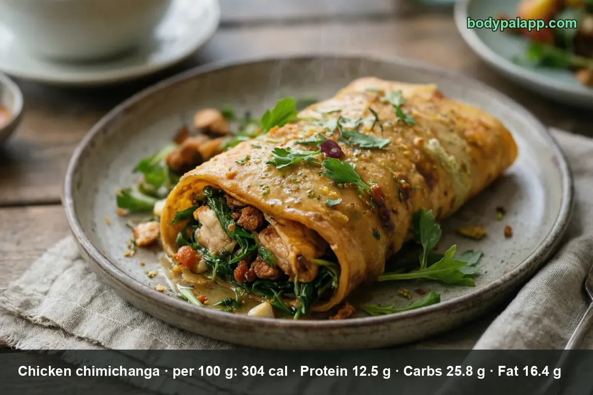 Chicken chimichanga cut open showing chicken, spinach and chorizo filling in a soft flour tortilla