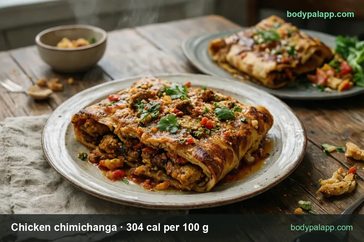 Baked chicken chimichangas cut open with tomato filling, 1 chimichanga (190 g) 578 cal and 1 cup (120 g) 365 cal