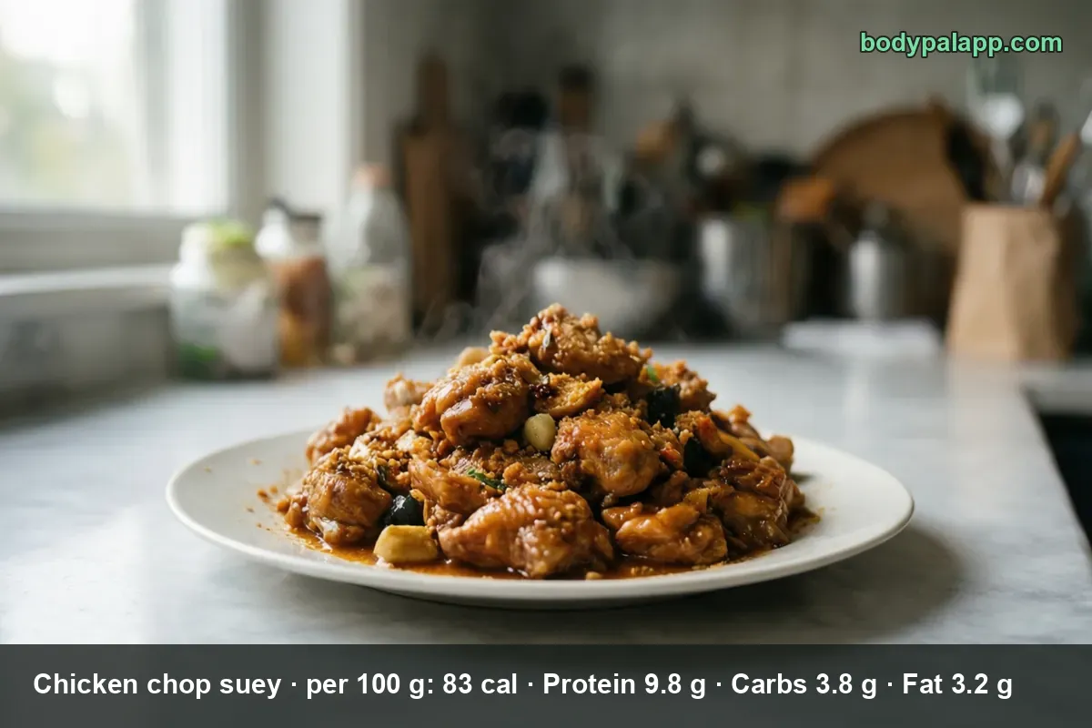 Steaming chicken chop suey pieces in glossy brown sauce piled on a white plate