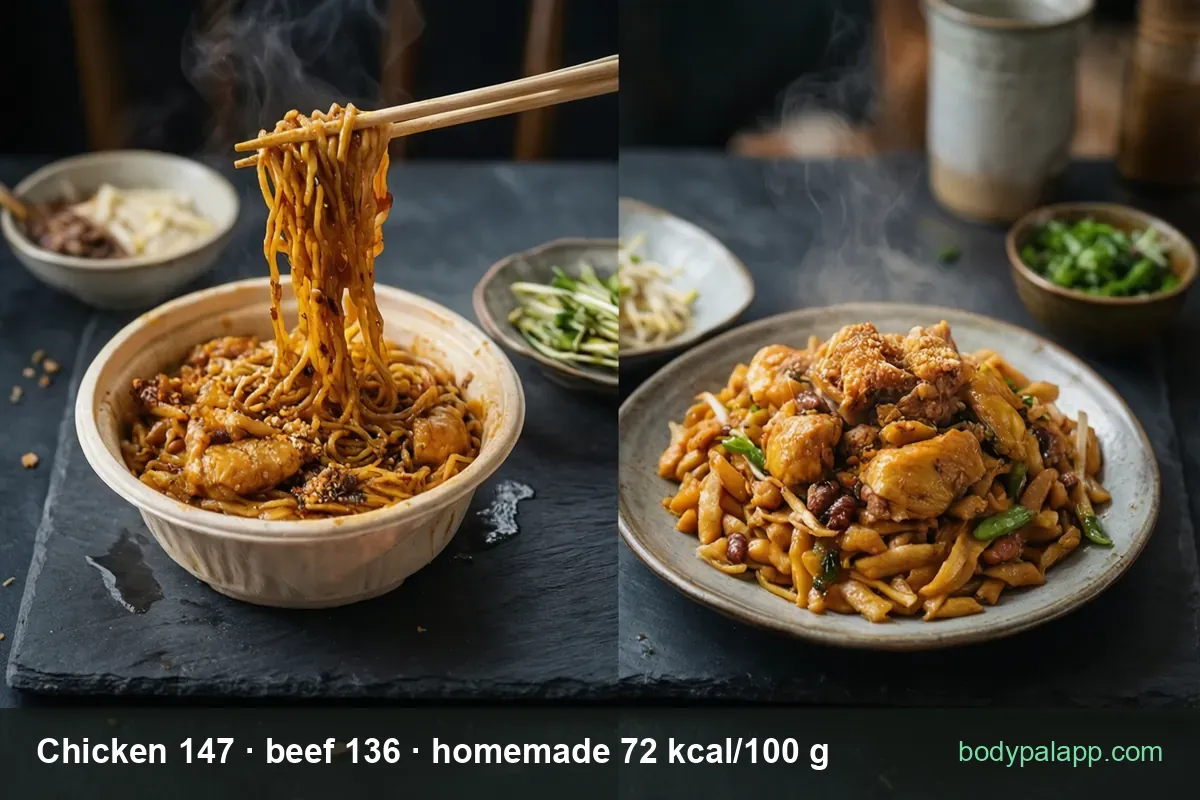 Takeaway, beef and homemade chow mein calories per 100 g – 147 vs 136 vs 72