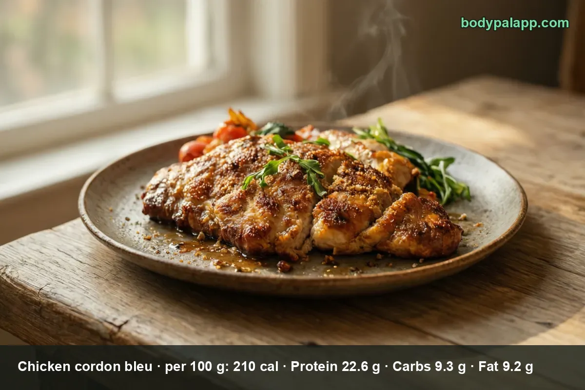 Breaded chicken cordon bleu breast sliced into three or four pieces, served with rocket leaves and cherry tomatoes.