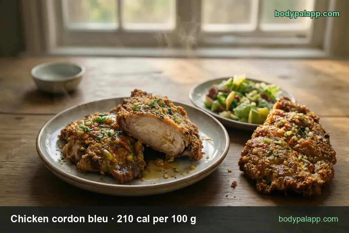 Plate with two breaded chicken breasts, one cut open showing white meat, salad bowl behind; 1 roll 229 g 481 cal, 1 cup 140 g 294 cal.