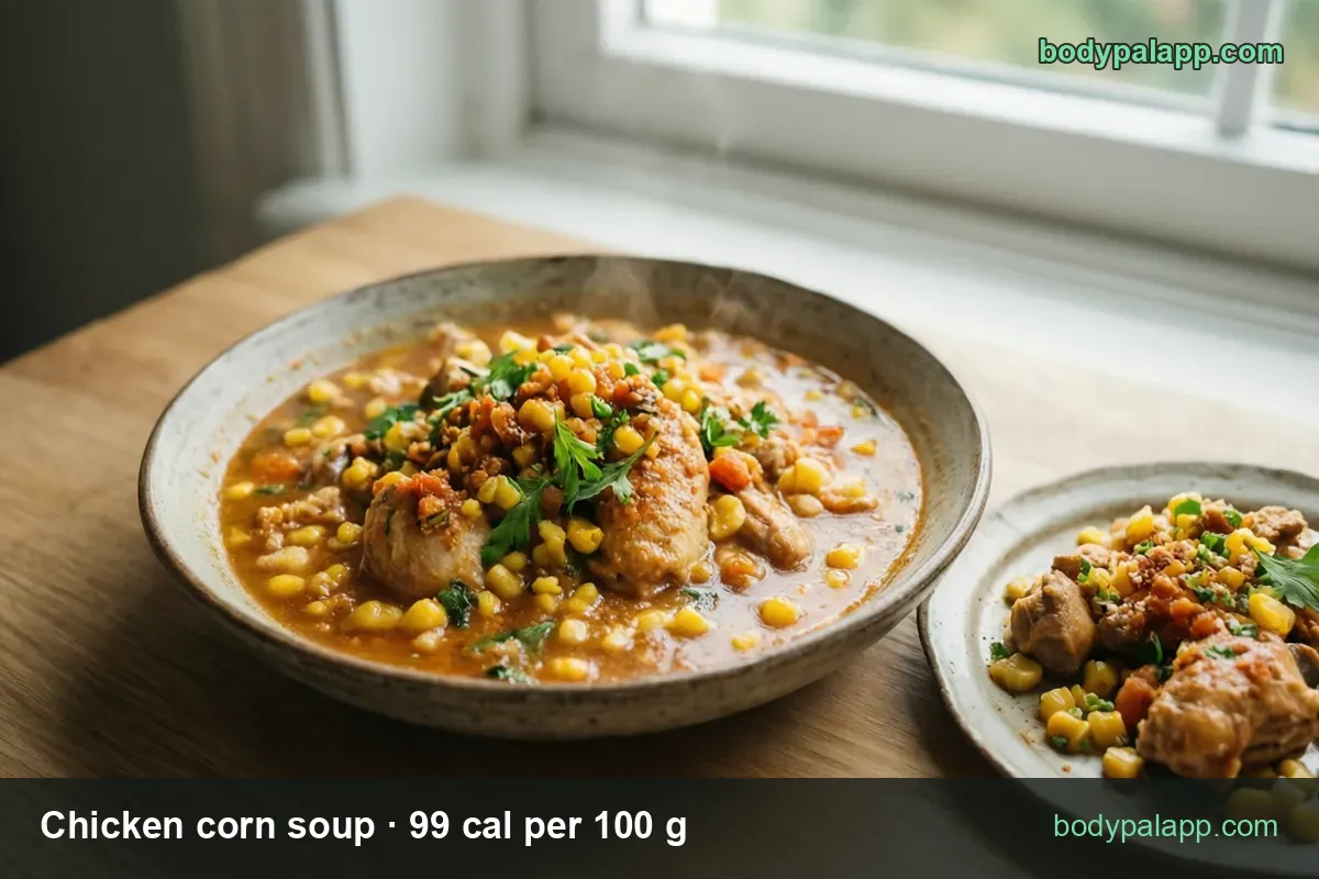 Deep bowl of thick chicken corn soup with corn, chicken, tomato and parsley, marked 1 cup (240 g) 238 cal and 1/2 cup (120 g) 119 cal