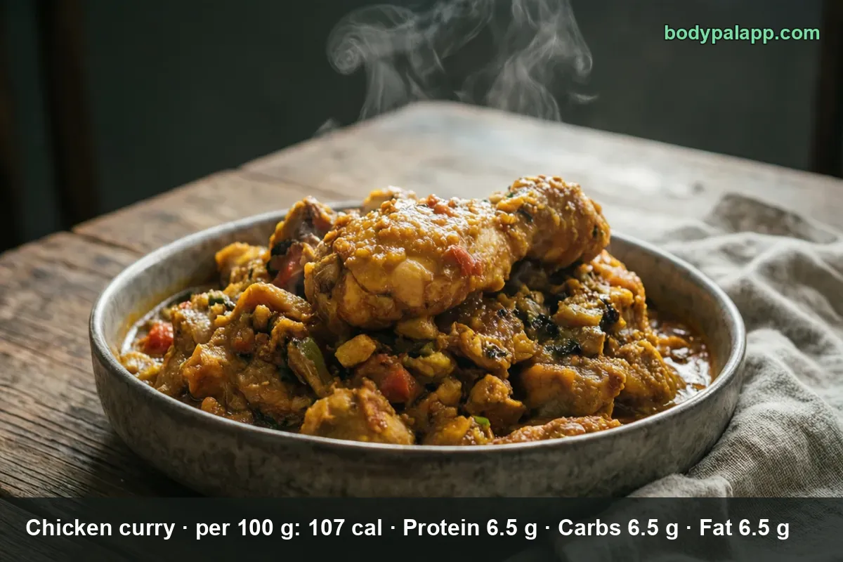 Bowl of chicken curry with a drumstick on top, chicken pieces, tomato and vegetables in sauce, steam rising.