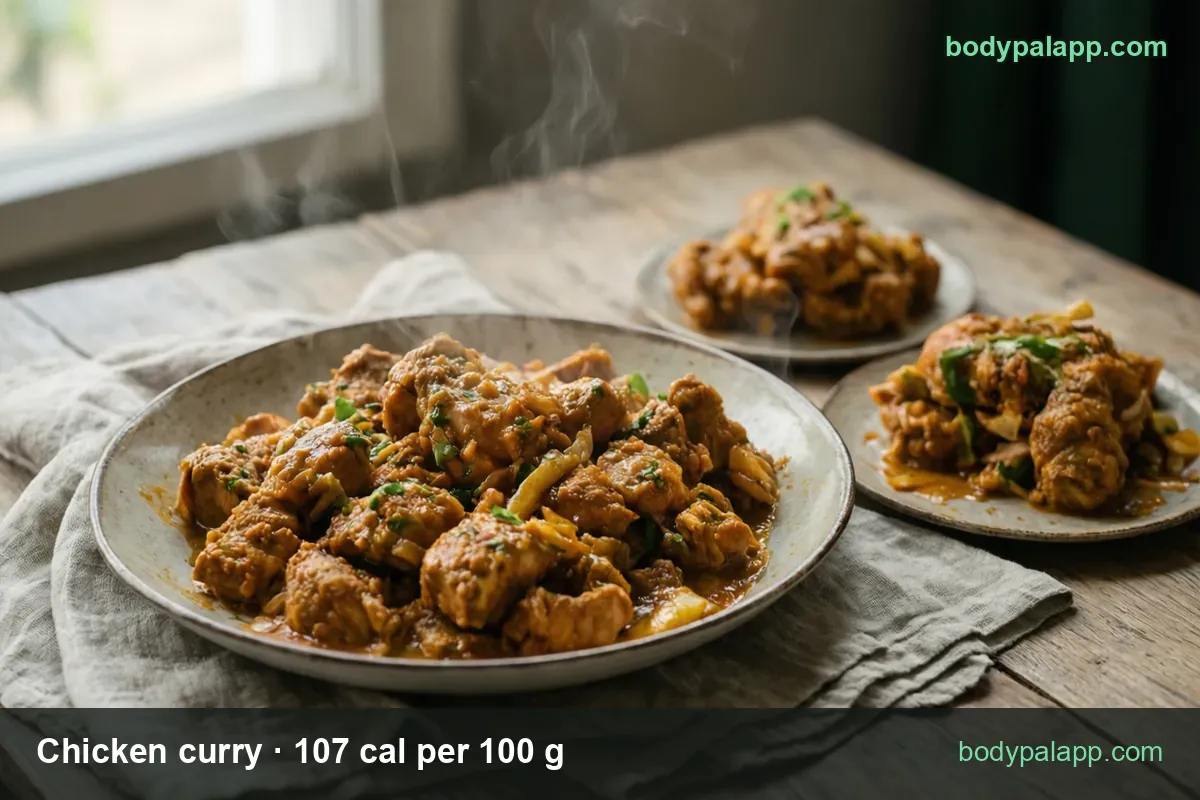 Chicken curry pieces in yellow-brown sauce with scallions, two small plates behind: 1 cup (240 g) 257 cal and 1/2 cup (120 g) 128 cal.