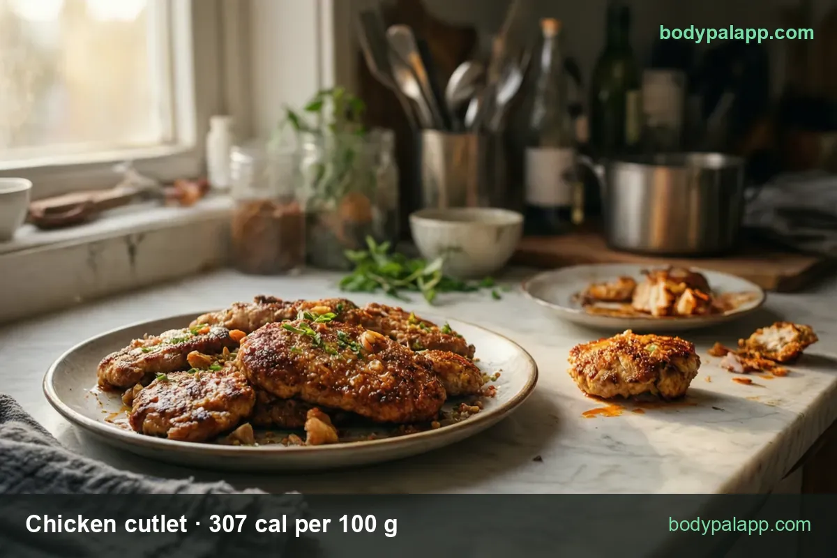 Plate of five flat golden chicken cutlets with parsley, one cutlet and pieces beside it; chips read 113 g 347 cal and 96 g 295 cal