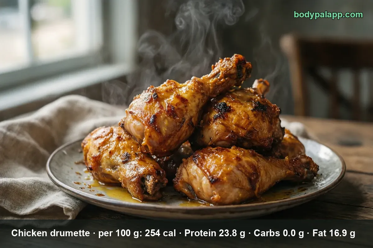 Five roasted chicken drumettes piled on a plate, steaming, with sauce pooled underneath.