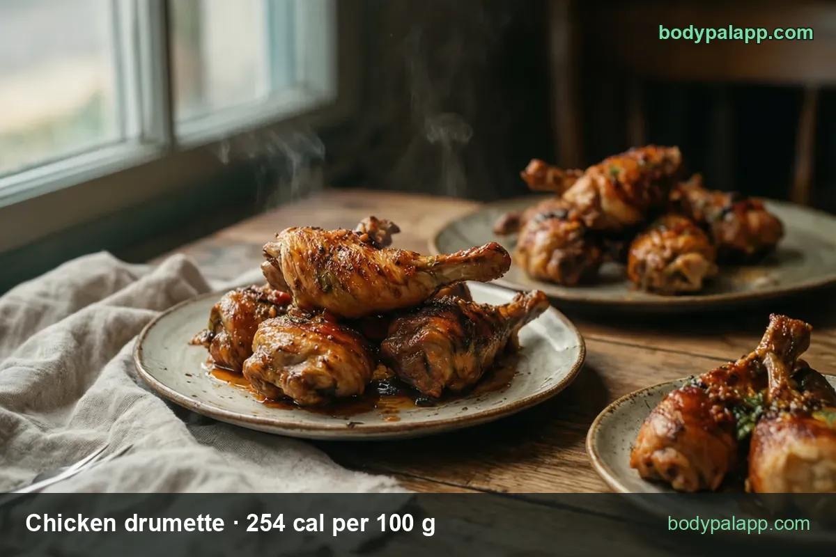 Plates of roasted glazed chicken drumettes with green herb, labeled 4 drumettes 183 cal and 1 drumette 46 cal.