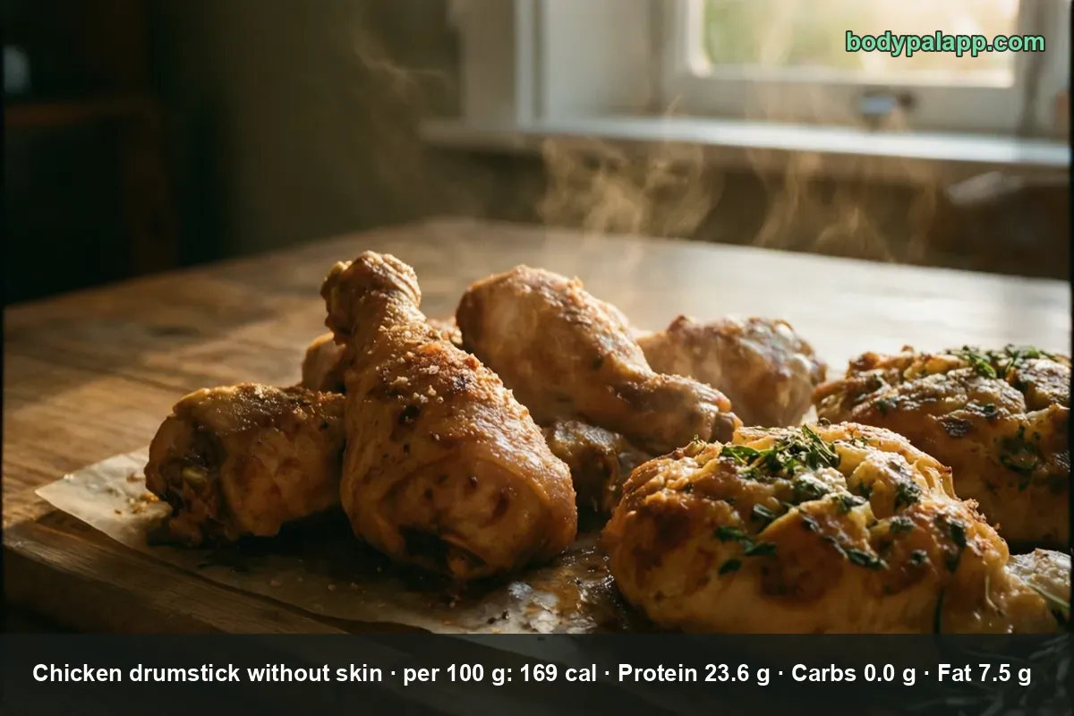 Four roasted skinless chicken drumsticks on parchment on a wooden board, two more pieces with thyme at right, steam rising.
