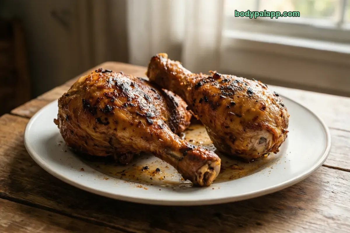 Chicken drumstick with skin, roasted, meat and skin