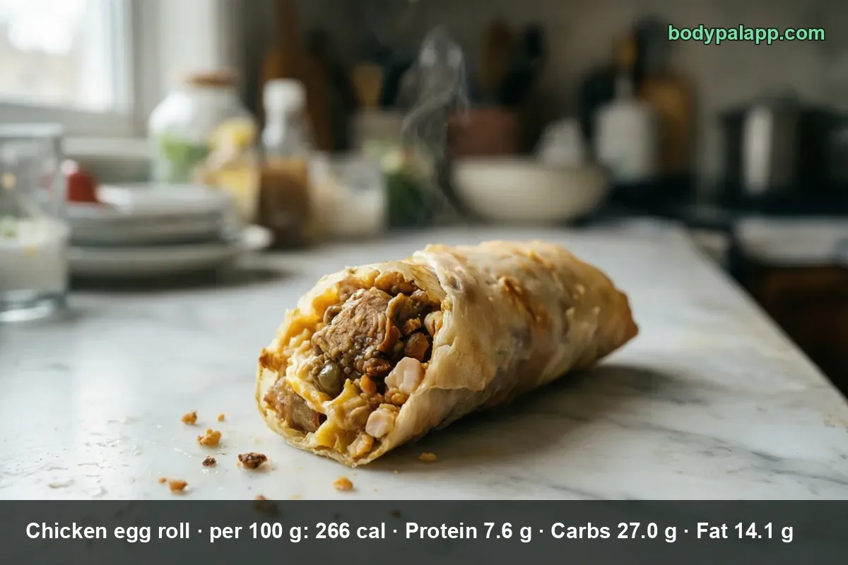 One chicken egg roll cut open on a marble counter, steam rising, chicken and vegetable filling visible inside the pale wrapper