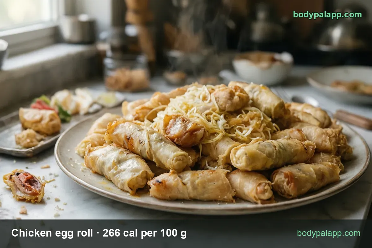 Plate of about 12 chicken egg rolls with shredded cabbage, two cut open, side dish with two more; 1 egg roll 170 cal, 2 rolls 341 cal