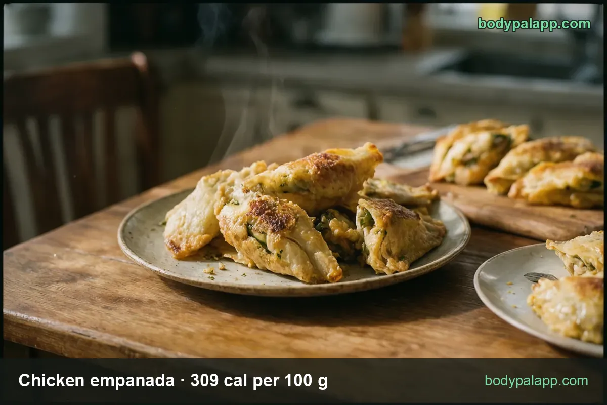 Plate of four chicken empanadas, one cut open showing the filling, with 1 regular empanada 130 g 402 cal and 1 small 35 g 108 cal