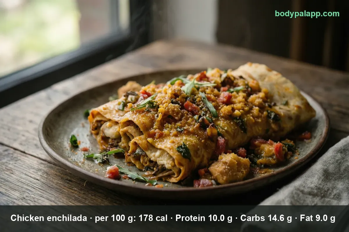 Three chicken enchiladas topped with crumbled cheese, diced tomato and green leaves on a dark plate.