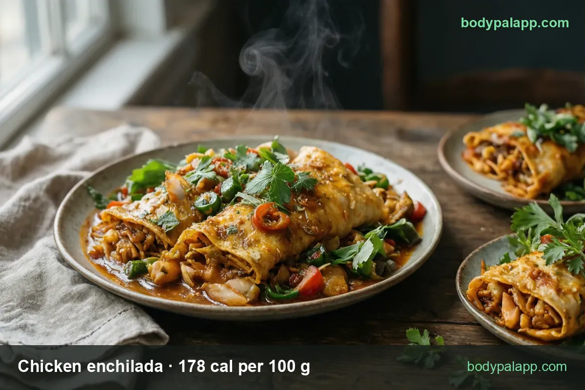 Two chicken enchiladas in red sauce with cilantro and chili, plus two small plates with one enchilada each; chips: 1 enchilada 267 cal, 1 cup 303 cal.
