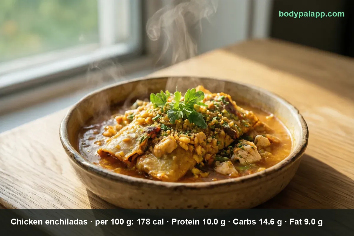 Ceramic bowl of chicken enchilada soup with three rolled enchiladas in orange broth, chopped parsley on top and steam rising.