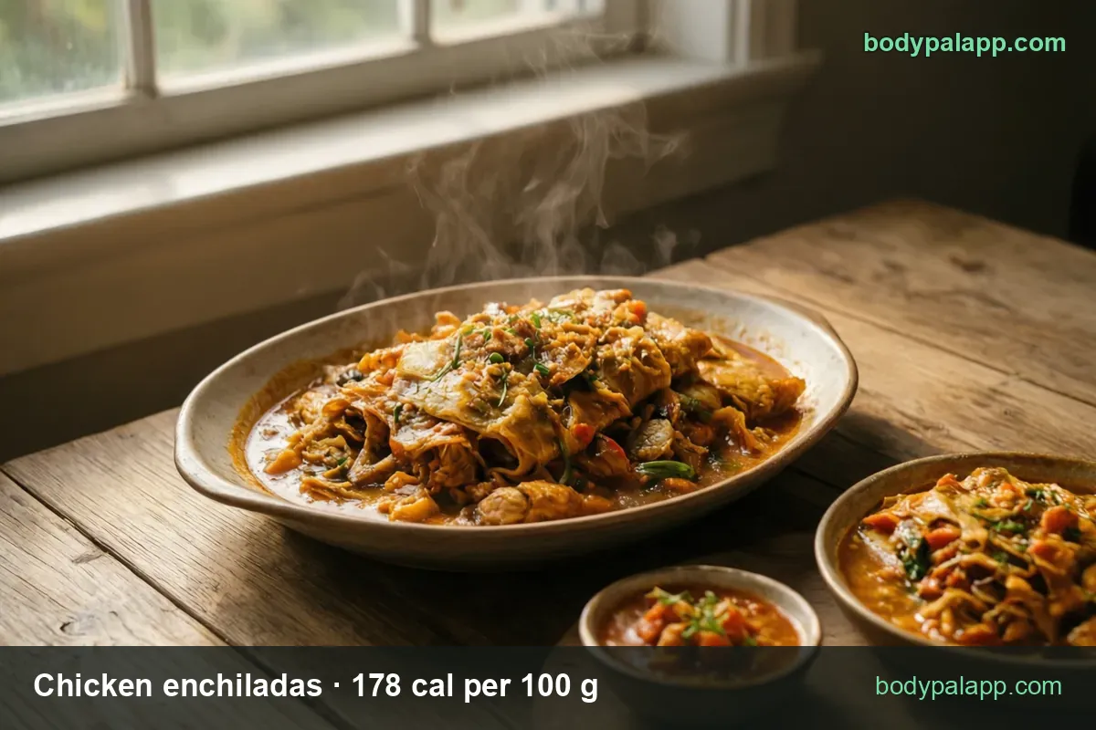 Oval plate of rolled enchiladas in thin orange sauce with a small bowl of the same, labeled 1 cup 303 cal and 1 enchilada 267 cal.