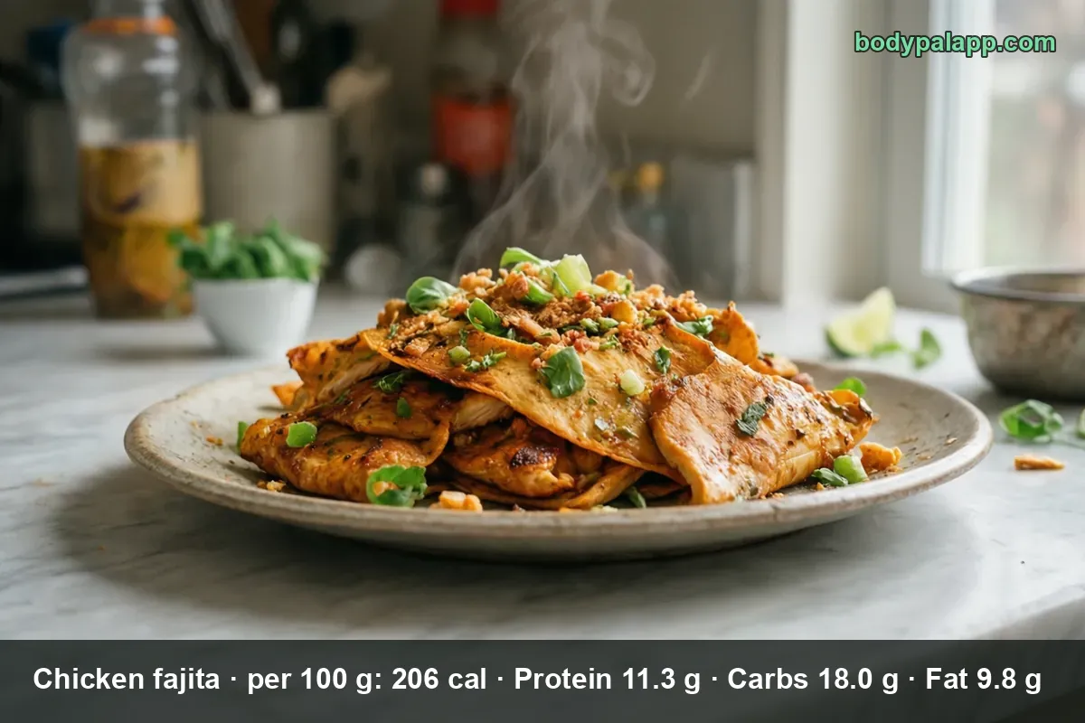 Plate of grilled chicken fajita strips with stacked tortillas, green onion, cilantro and lime wedges, steam rising.