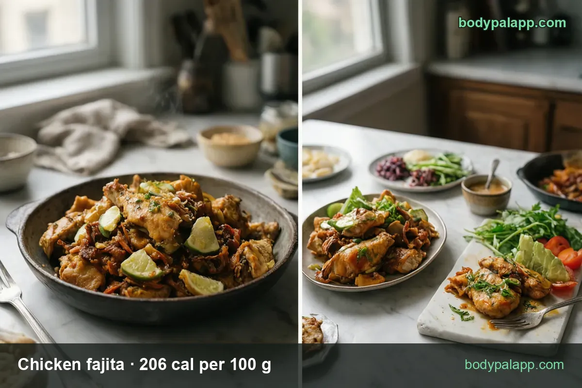 Black bowl of roasted chicken fajita pieces with lime wedges and a served portion on a board: 1 fajita 95 g 196 cal, 1 cup 120 g 247 cal.
