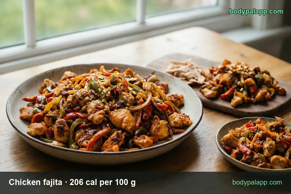Chicken, pepper and onion fajita mix on a board and in a bowl, with chips 1 fajita (95 g) 196 cal and 1 cup (120 g) 247 cal