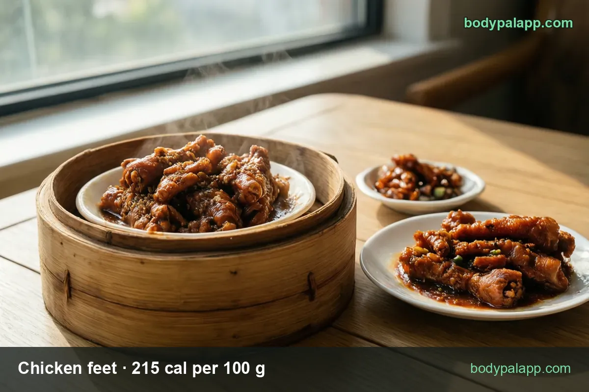 Steamed chicken feet in dark sesame sauce with a saucer of four feet, labeled 4 feet (140 g) 301 cal and 1 foot (35 g) 75 cal