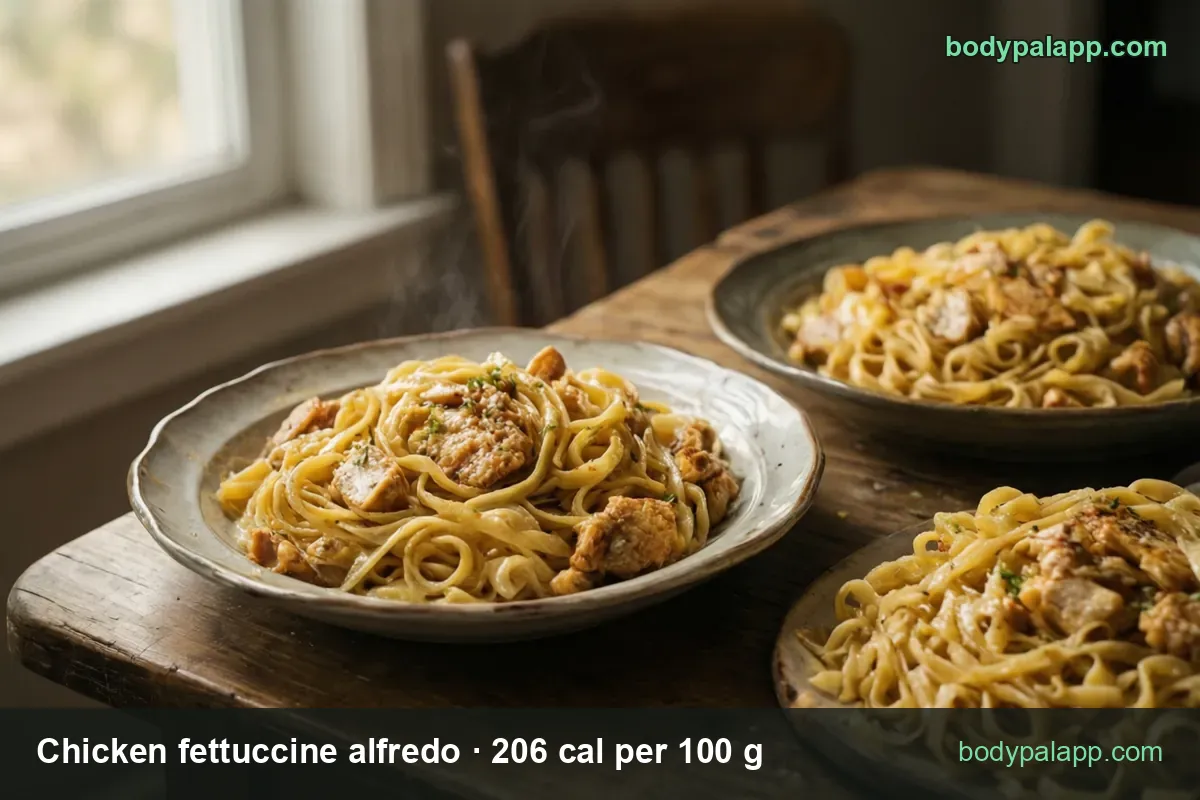 Three plates of fettuccine with chicken pieces and parsley in a golden buttery sauce; 1 cup (250 g) 515 cal and 1.5 cups (375 g) 773 cal