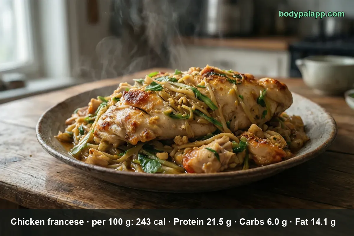 Two seared chicken breasts served on sauce with sprouts, strips and green leaves