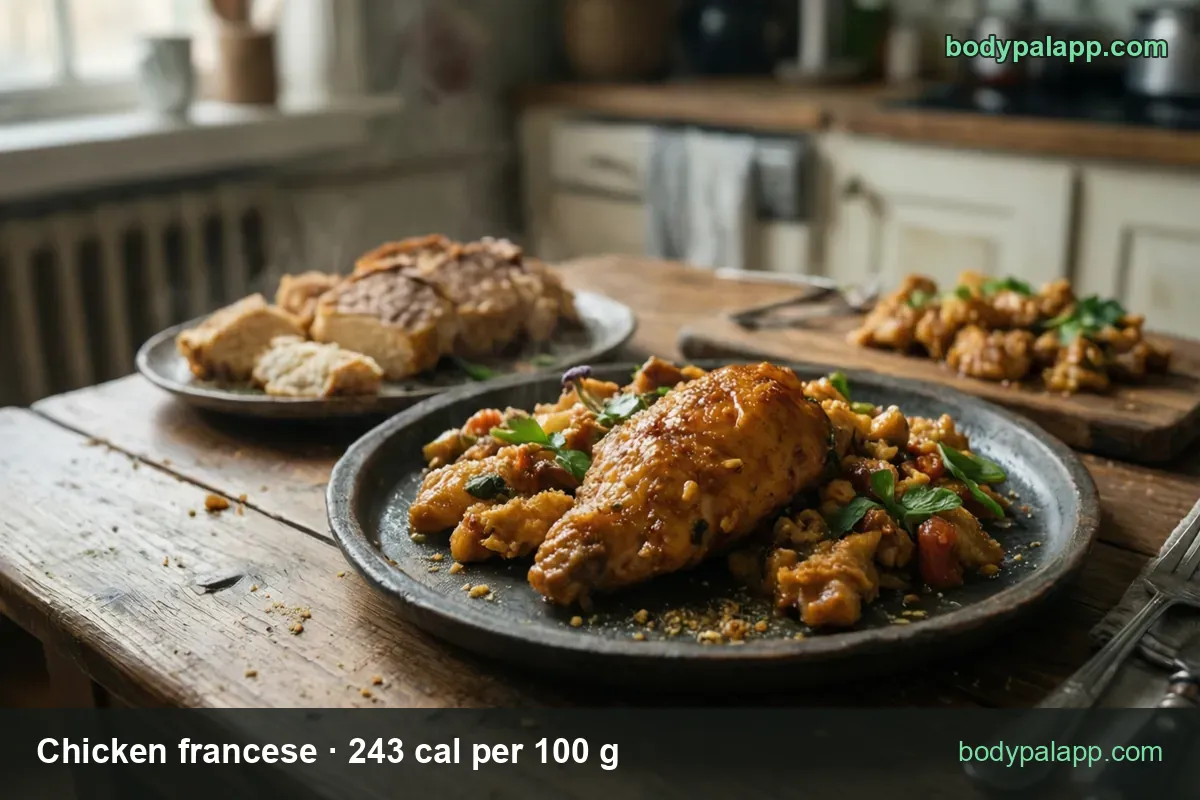 Glazed chicken fillet and pieces in tomato sauce with green herbs, bread behind; chips show 1 medium breast 175 g and 1 cup diced 135 g