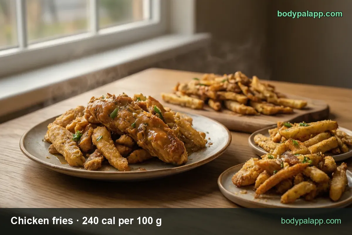 Plate of glazed chicken strips with a board and a small plate of breaded chicken fries; chips show 7 pieces 90 g and 3 oz 85 g