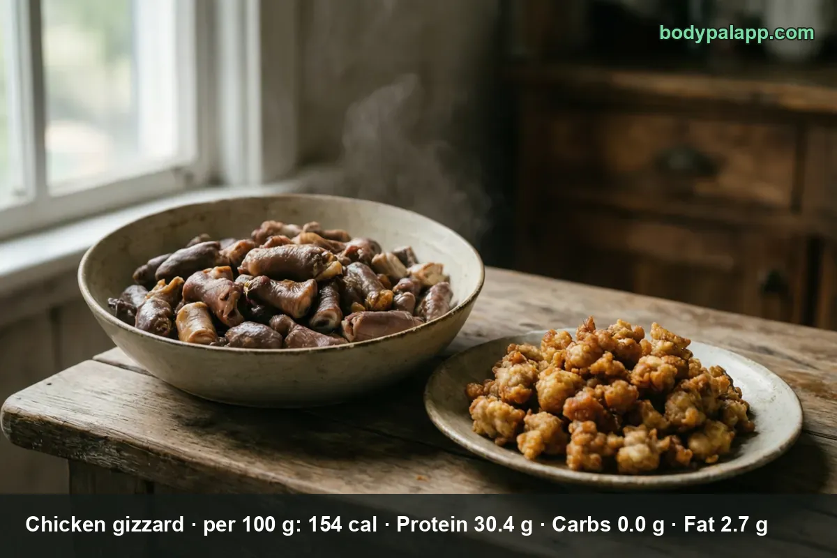 Bowl of raw chicken gizzards next to a plate of fried breaded chicken gizzards