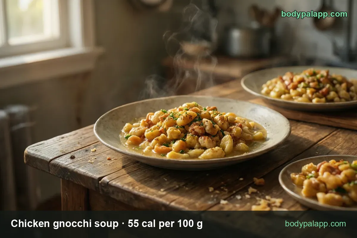 Three shallow plates of gnocchi with chicken in a light sauce; chips read 1 cup (245 g) 135 cal and 1 jar (454 g) 250 cal.