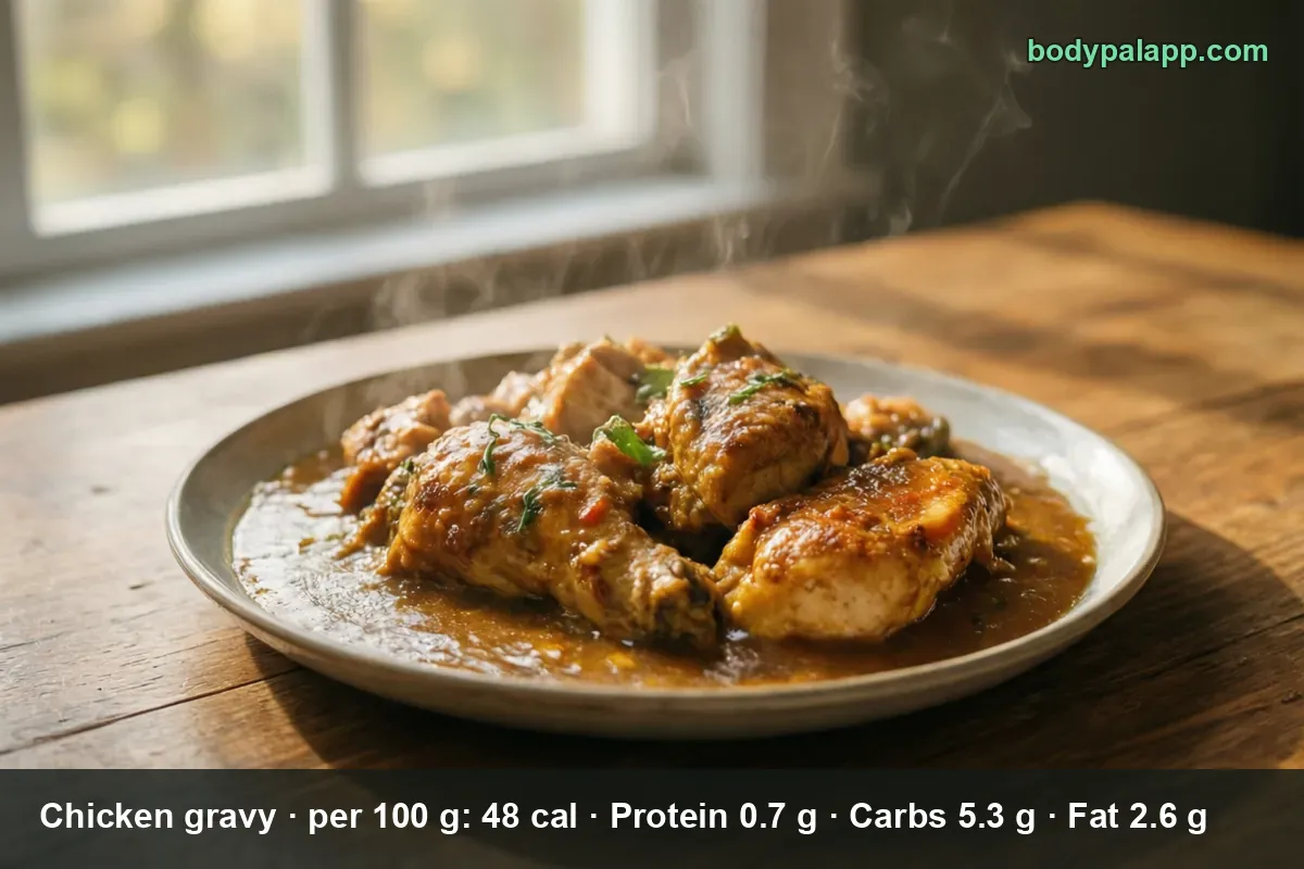 Four breaded chicken pieces under a generous pour of brown chicken gravy on a plate