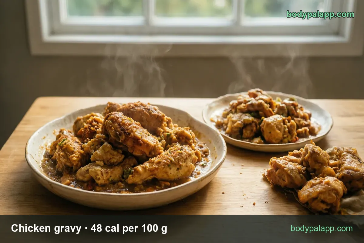 Chicken pieces in brown chicken gravy on a plate, labeled 1/4 cup (60 g) 29 cal and 1 cup (240 g) 115 cal