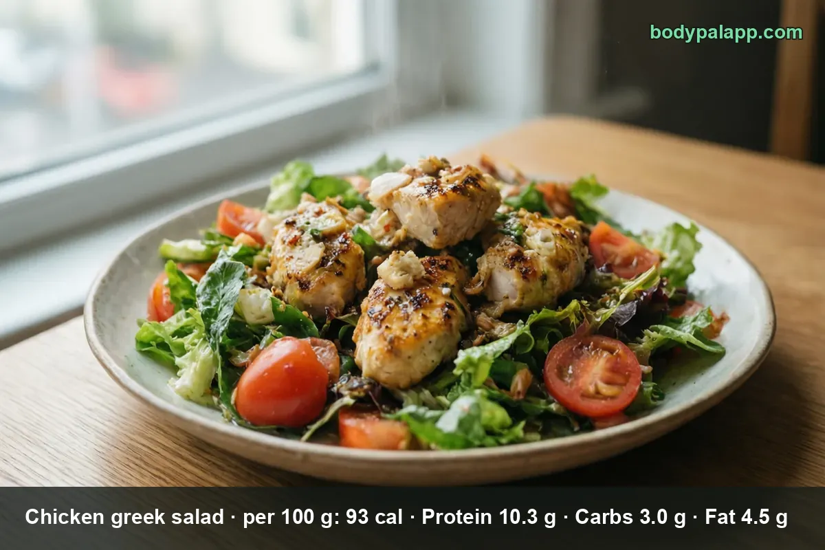 Plate of Greek-style chicken salad with four pieces of roasted chicken, tomatoes and a little cheese