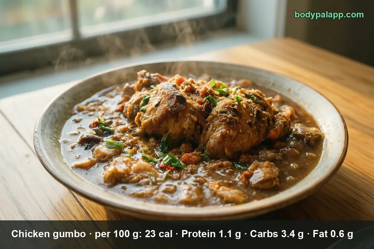 Dark brown chicken gumbo in a plate with two large pieces of chicken and fresh green onion