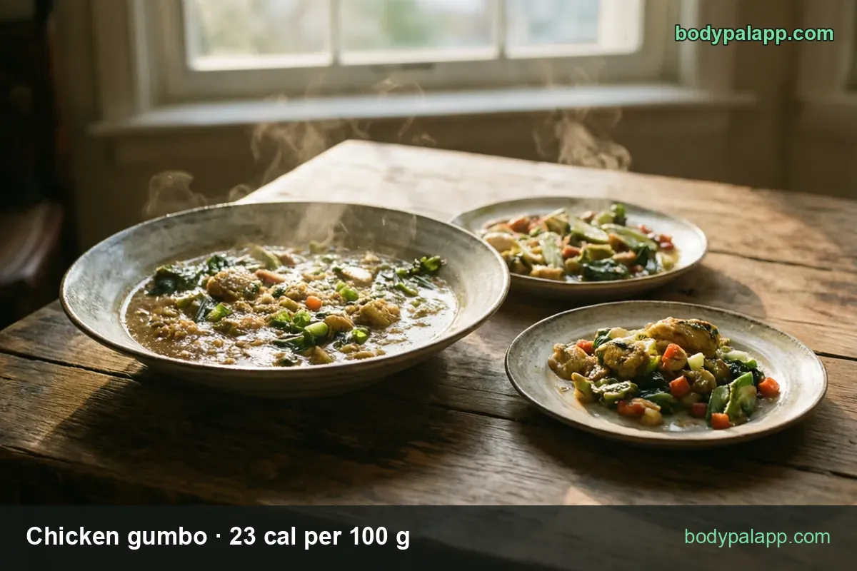 Big bowl of thick brown chicken gumbo with two side plates of vegetables and chicken; 1 cup (244 g) 56 cal, 1 bowl (366 g) 84 cal