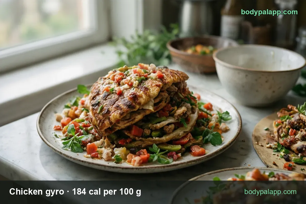 Stacked grilled chicken gyro slices with tomato, pepper, onion and herbs; 1 gyro sandwich (200 g) 368 cal, 4 oz (113 g) 208 cal