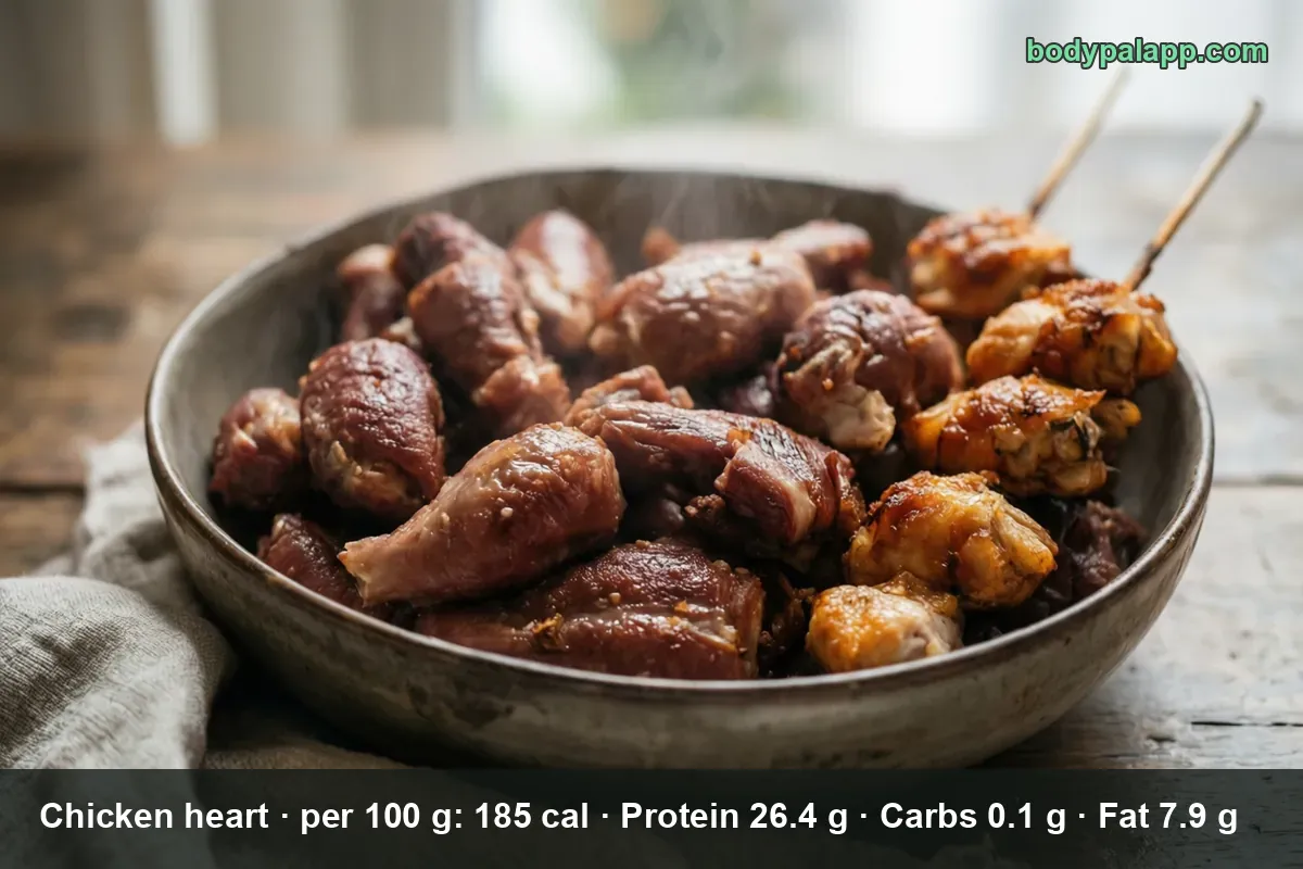 Deep bowl of cooked chicken hearts, dark and glossy and steaming, with two grilled chicken skewers beside it