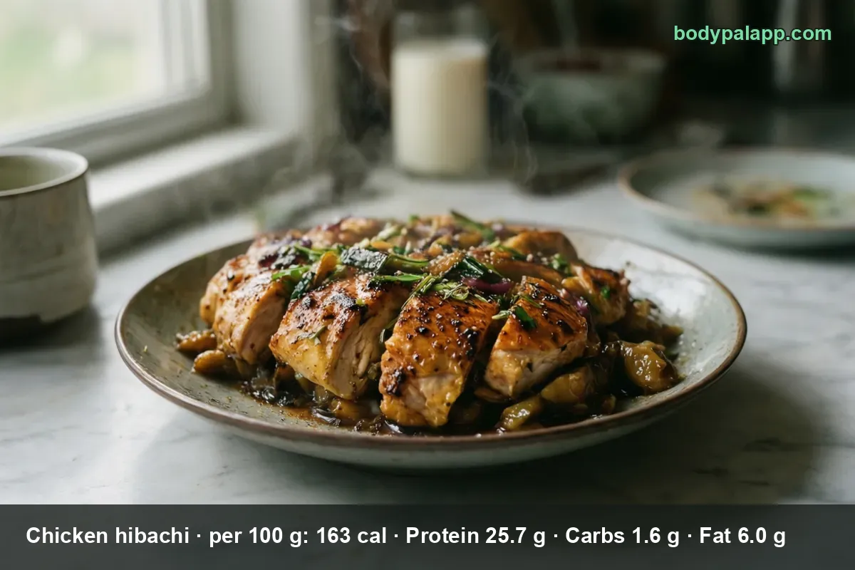 Plate of sliced grilled hibachi chicken strips in sauce with onion and scallions, steam rising.