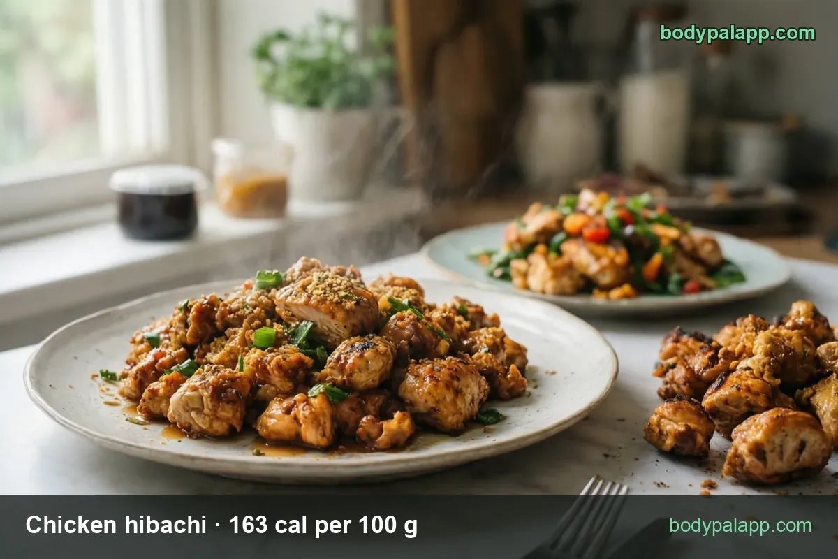 Glazed hibachi chicken bites with sesame and scallions, second plate with chicken and peppers; 1 cup 398 cal, half breast 209 cal.