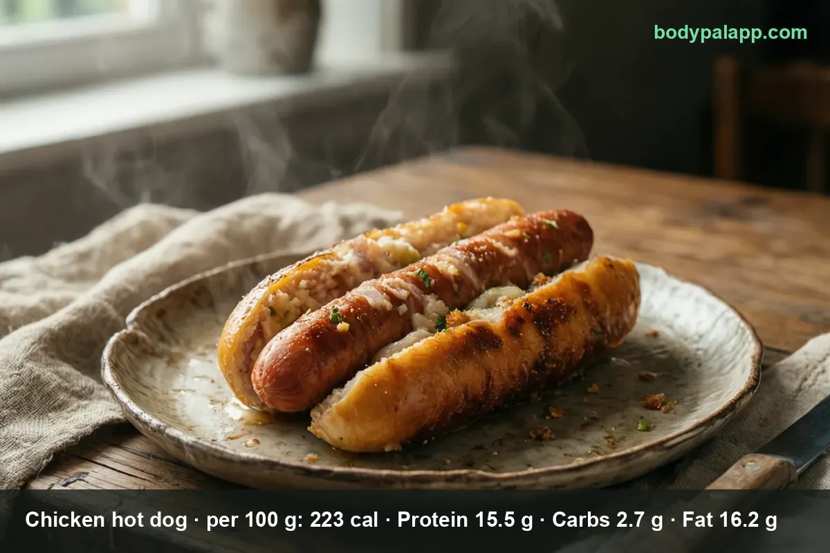 Three grilled chicken hot dog sausages on a plate, two of them sliced open, served without buns