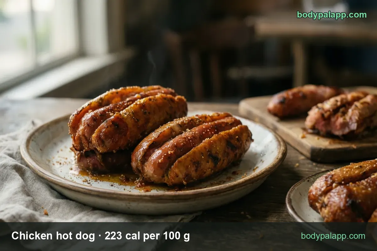 Plate with two sliced grilled chicken hot dogs, more on a board behind, no buns; chips show 1 link 100 cal and 2 links 201 cal
